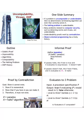 Uncomputability,  One-Slide Summary  Viruses, OOP  If a problem is uncomputable or undecideable