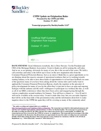 CFPB Update on Origination Rules Presented by the CFPB and MBA  October 17, 2013 Transcript