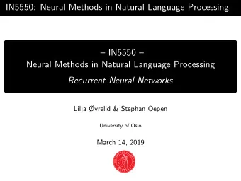 IN5550: Neural Methods in Natural Language Processing   IN5550   Neural Methods in Natural