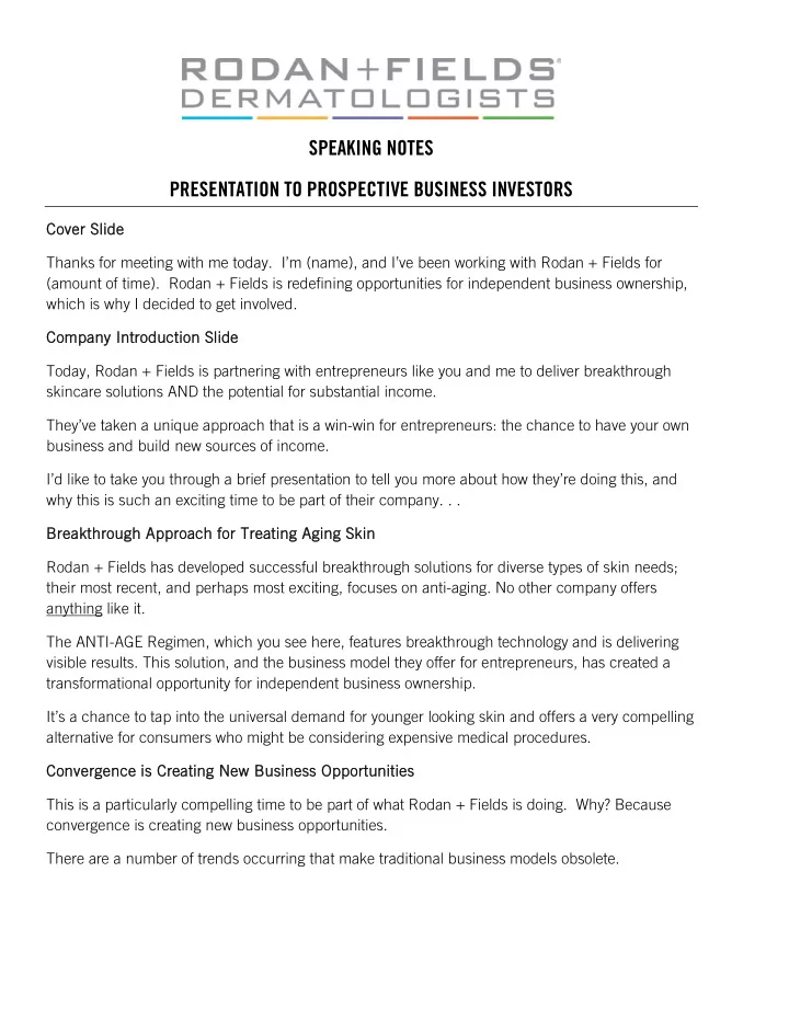speaking notes presentation to prospective business