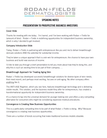 SPEAKING NOTES  PRESENTATION TO PROSPECTIVE BUSINESS INVESTORS  Cover Sl  Slide  de  Thanks for