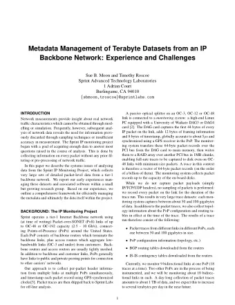Metadata Management of Terabyte Datasets from an IP  Backbone Network: Experience and Challenges