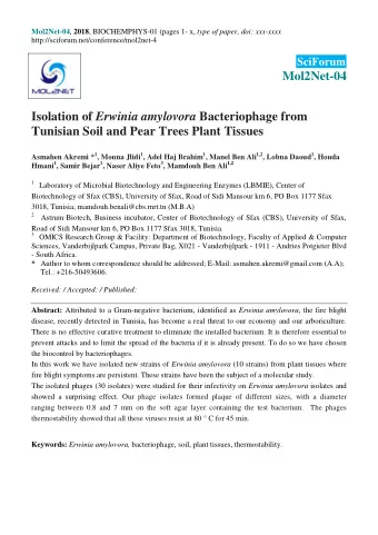 Mol2Net-04 Isolation of Erwinia amylovora Bacteriophage from  Tunisian Soil and Pear Trees Plant