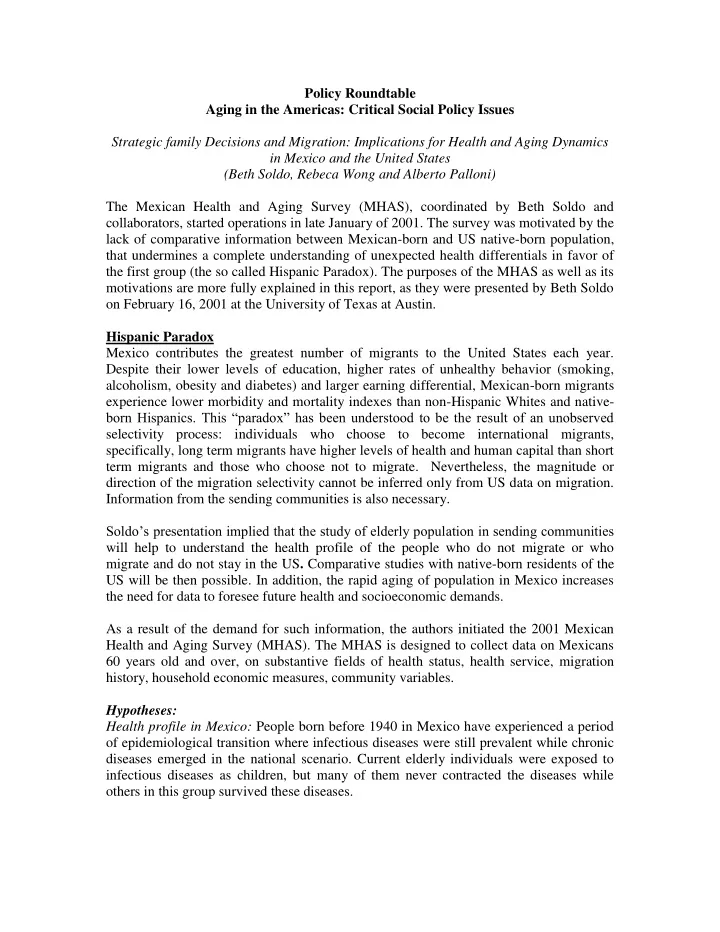 policy roundtable aging in the americas critical social