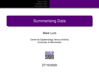 Summarising Data  Mark Lunt  Centre for Epidemiology Versus Arthritis  University of Manchester