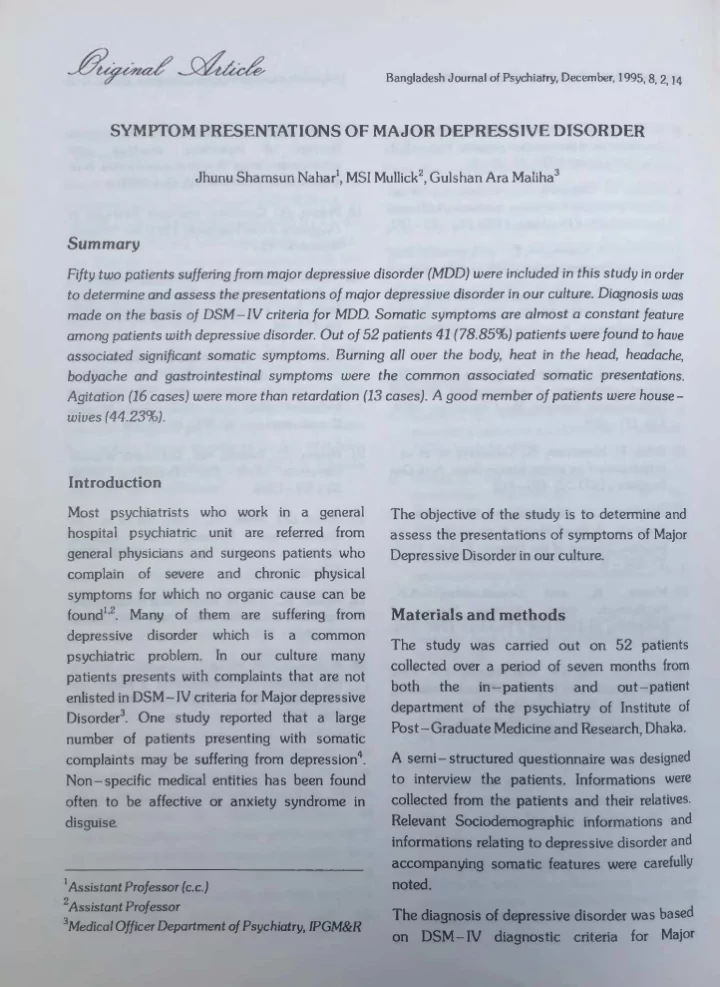 sympt om present at ions of major depr essive disor der