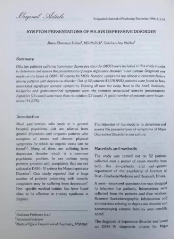 SYMPT OM PRESENT AT IONS OF MAJOR  DEPR ESSIVE DISOR DER  Jhunu Shamsu n N ahar1  , M SI M ullick2,