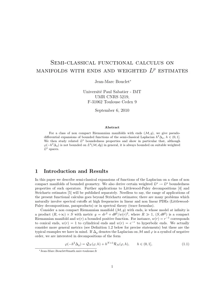 semi classical functional calculus on manifolds with ends