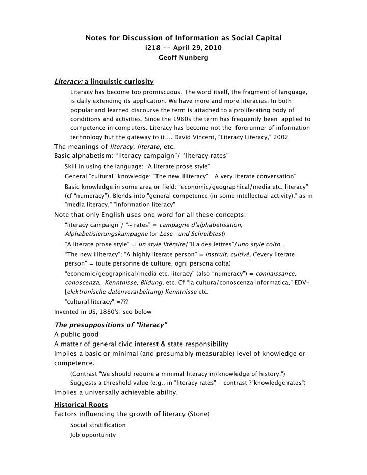 notes for discussion of information as social capital