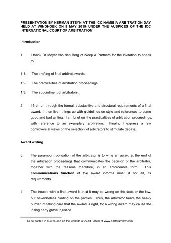 PRESENTATION BY HERMAN STEYN AT THE ICC NAMIBIA ARBITRATION DAY  HELD AT WINDHOEK ON 9 MAY 2019
