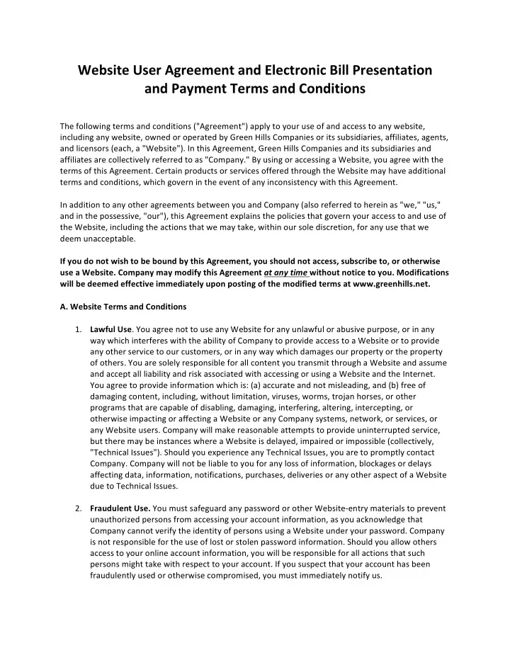 website user agreement and electronic bill presentation