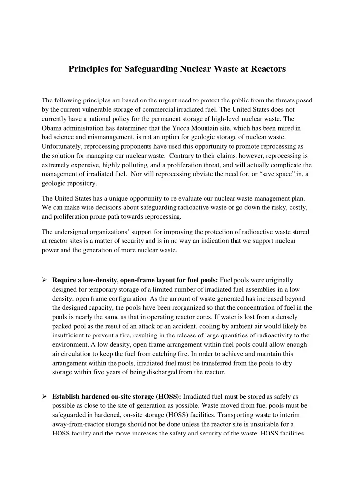 principles for safeguarding nuclear waste at reactors