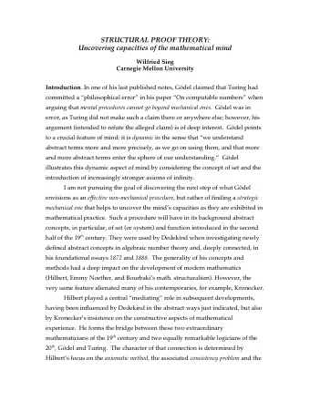 STRUCTURAL PROOF THEORY:  Uncovering capacities of the mathematical mind  Wilfried Sieg Carnegie
