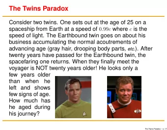 The Twins Paradox  Consider two twins. One sets out at the age of 25 on a spaceship from Earth at a