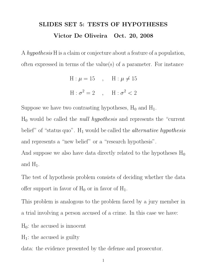 slides set 5 tests of hypotheses victor de oliveira oct