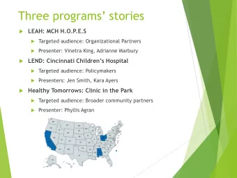 Three programs stories  LEAH: MCH H.O.P.E.S  Targeted audience: Organizational Partners