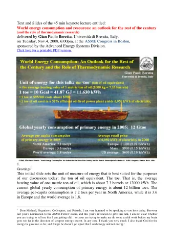 Text and Slides of the 45 min keynote lecture entitled:  World energy consumption and resources: an