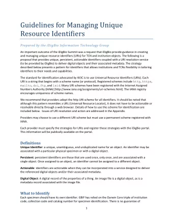 Guidelines for Managing Unique Resource Identifiers  Prepared by the iDigBio Information Technology