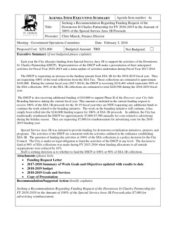 A GENDA I TEM E XECUTIVE S UMMARY  Seeking a Recommendation Regarding Funding Request of the