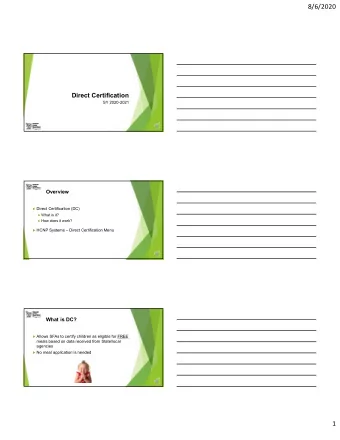 8/6/2020  Direct Certification  SY 2020-2021  Overview  Direct Certification (DC)  What is