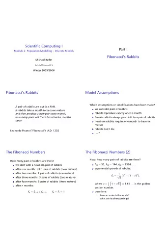 Scientific Computing I  Part I  Module 2: Population Modelling  Discrete Models  Fibonaccis