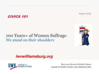 100 Years+ of Women Suffrage  We stand on their shoulders  lwvwilliamsburg.org  Mary Ann Moxon