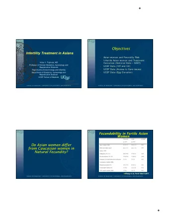 Objectives  Infertility Treatment in Asians  Asian women and Fecundity Risk    Infertile Asian