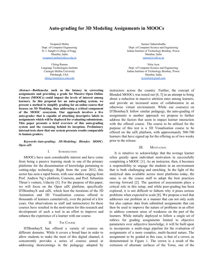 auto grading for 3d modeling assignments in moocs