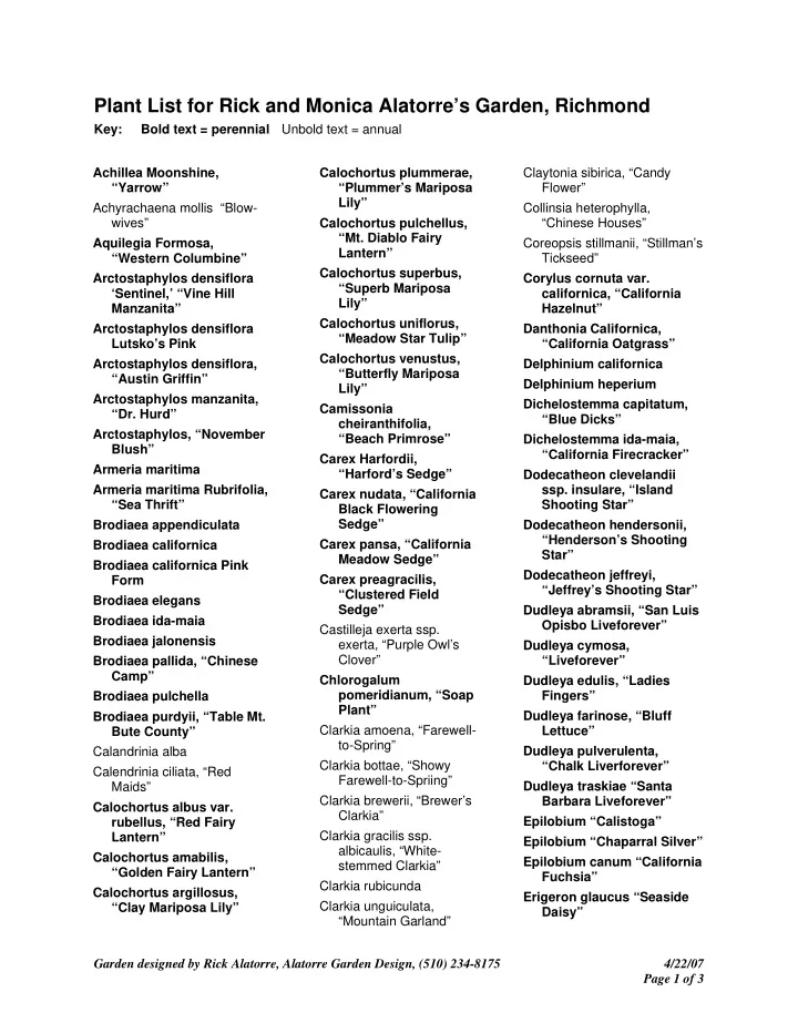 plant list for rick and monica alatorre s garden richmond