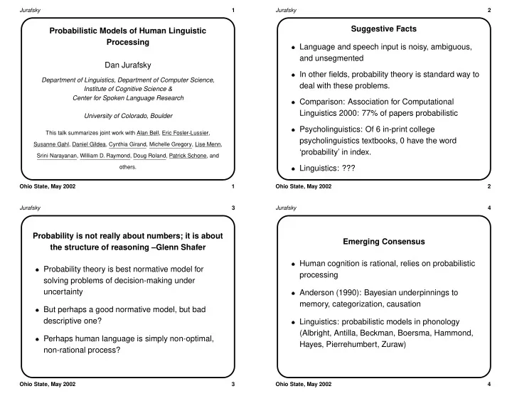 suggestive facts probabilistic models of human linguistic