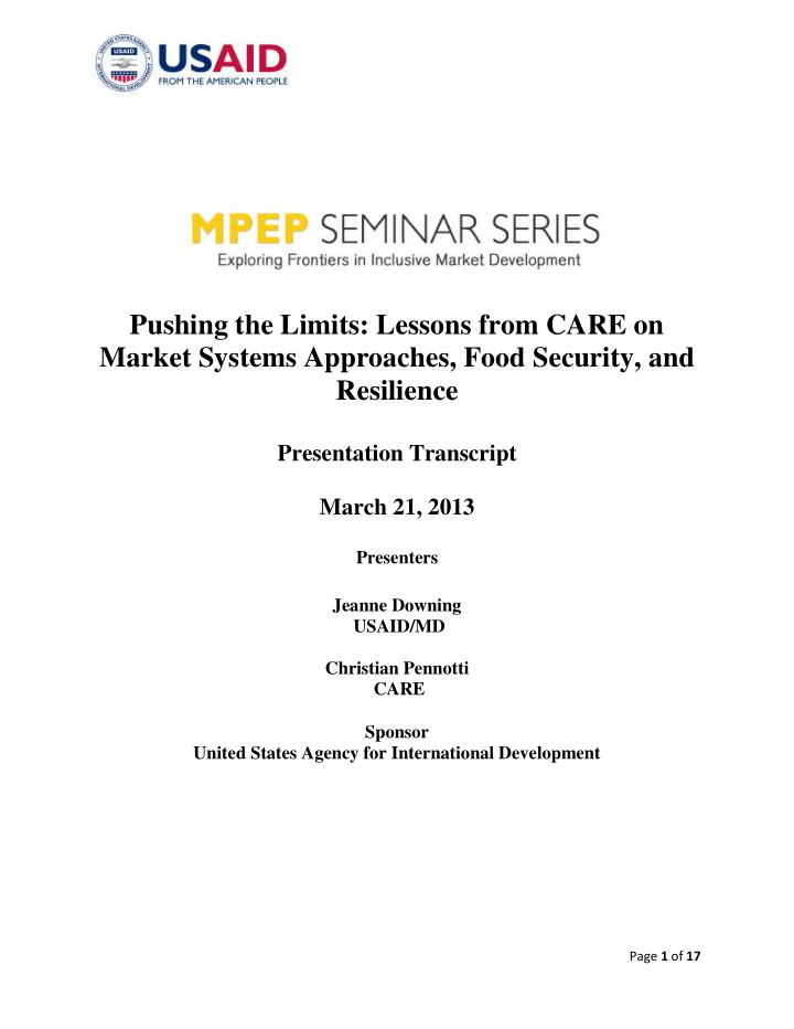 pushing the limits lessons from care on market systems