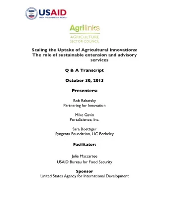 Scaling the Uptake of Agricultural Innovations:  The role of sustainable extension and advisory