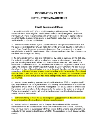 INFORMATION PAPER  INSTRUCTOR MANAGEMENT  CNACI Background Check  1.  Army Directive 2014-23