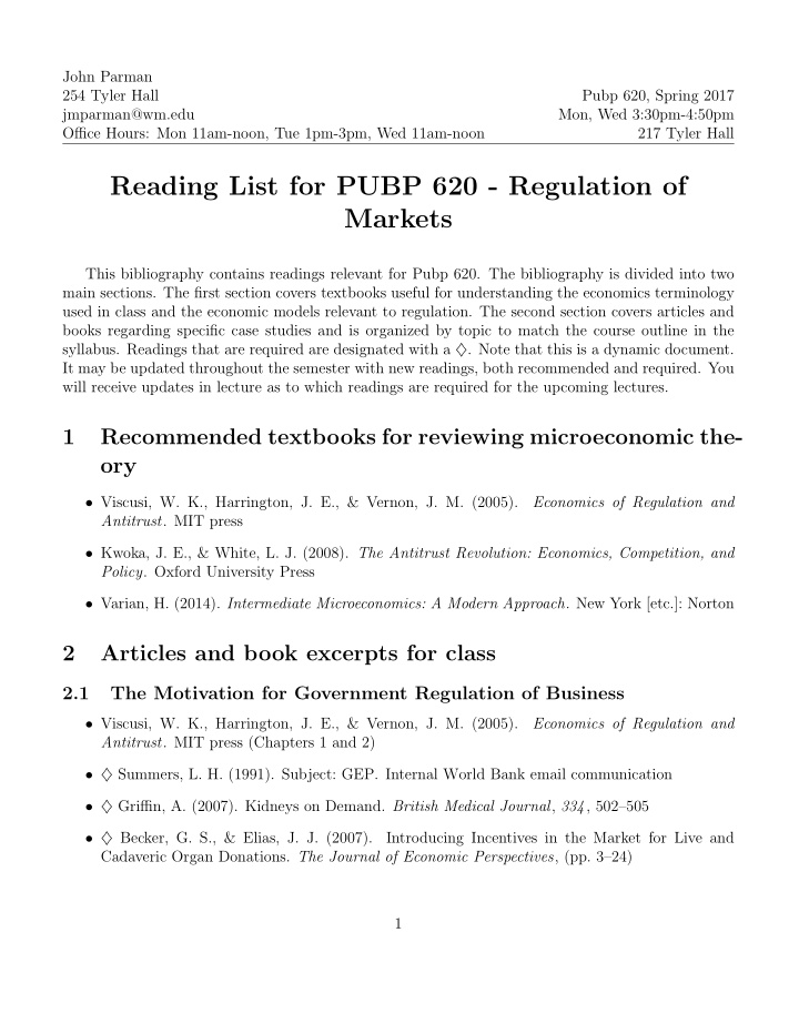 reading list for pubp 620 regulation of markets