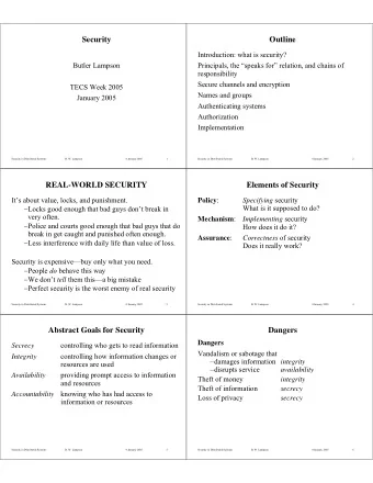 Security  Outline  Introduction: what is security?  Butler Lampson  Principals, the speaks