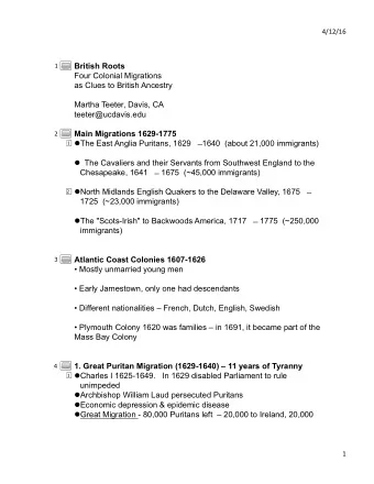 British Roots  1  Four Colonial Migrations  as Clues to British Ancestry  Martha Teeter, Davis, CA
