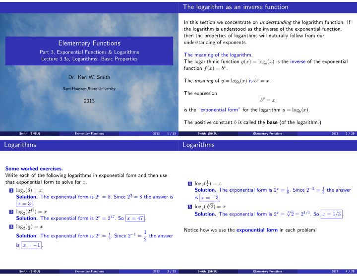 the logarithm as an inverse function