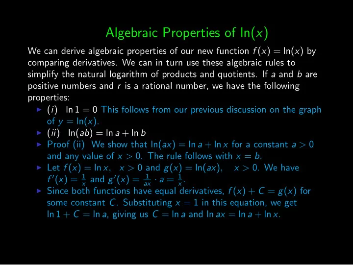algebraic properties of ln x