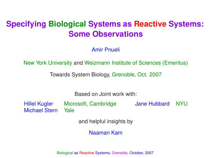 specifying biological systems as reactive systems some