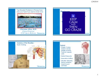 Christina Allen, M.D.  Clinical Professor  UCSF Sports Medicine  2  Anatomy of the Shoulder-  basic