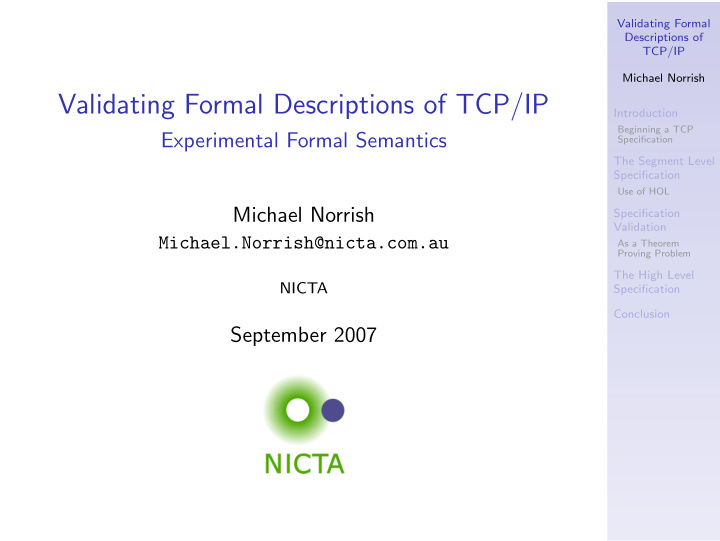 validating formal descriptions of tcp ip