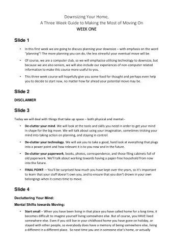 Downsizing Your Home,  A Three Week Guide to Making the Most of Moving On  WEEK O  ONE  Slide 1