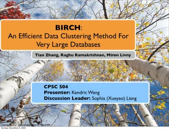 BIRCH :  An Efficient Data Clustering Method For  Very Large Databases  Tian Zhang, Raghu