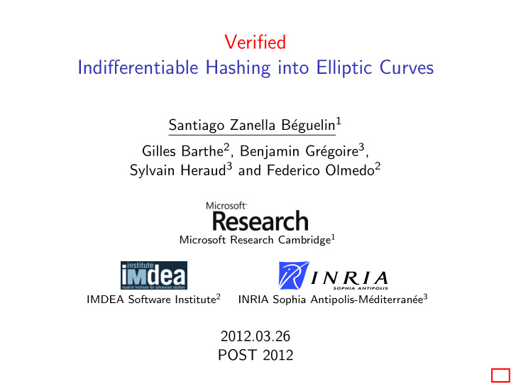verified indifferentiable hashing into elliptic curves