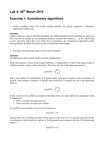 Lab 4: 26 th March 2012  Exercise 1: Evolutionary algorithms 1. Found a problem where EAs would
