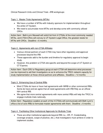 Clinical Research Units and Clinical Trials IRB workgroups  Topic 1:  Master Trials Agreements