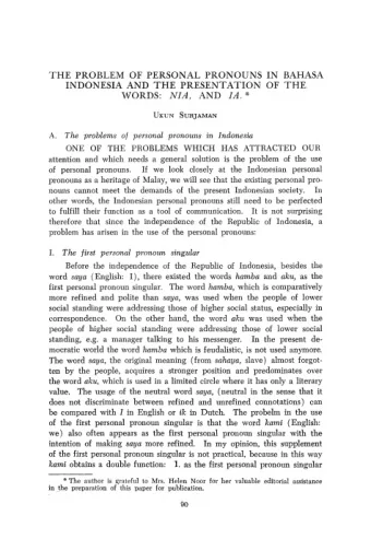 WORDS: NIA, AND !A. * UKUN SURJAMAN A. The problems of personal pronouns in Indonesia ONE OF THE