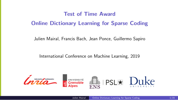 test of time award online dictionary learning for sparse