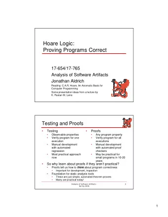 Hoare Logic:  Proving Programs Correct  17-654/17-765  Analysis of Software Artifacts  Jonathan