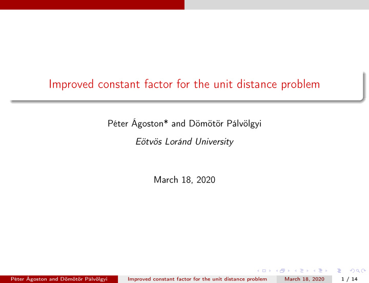 improved constant factor for the unit distance problem